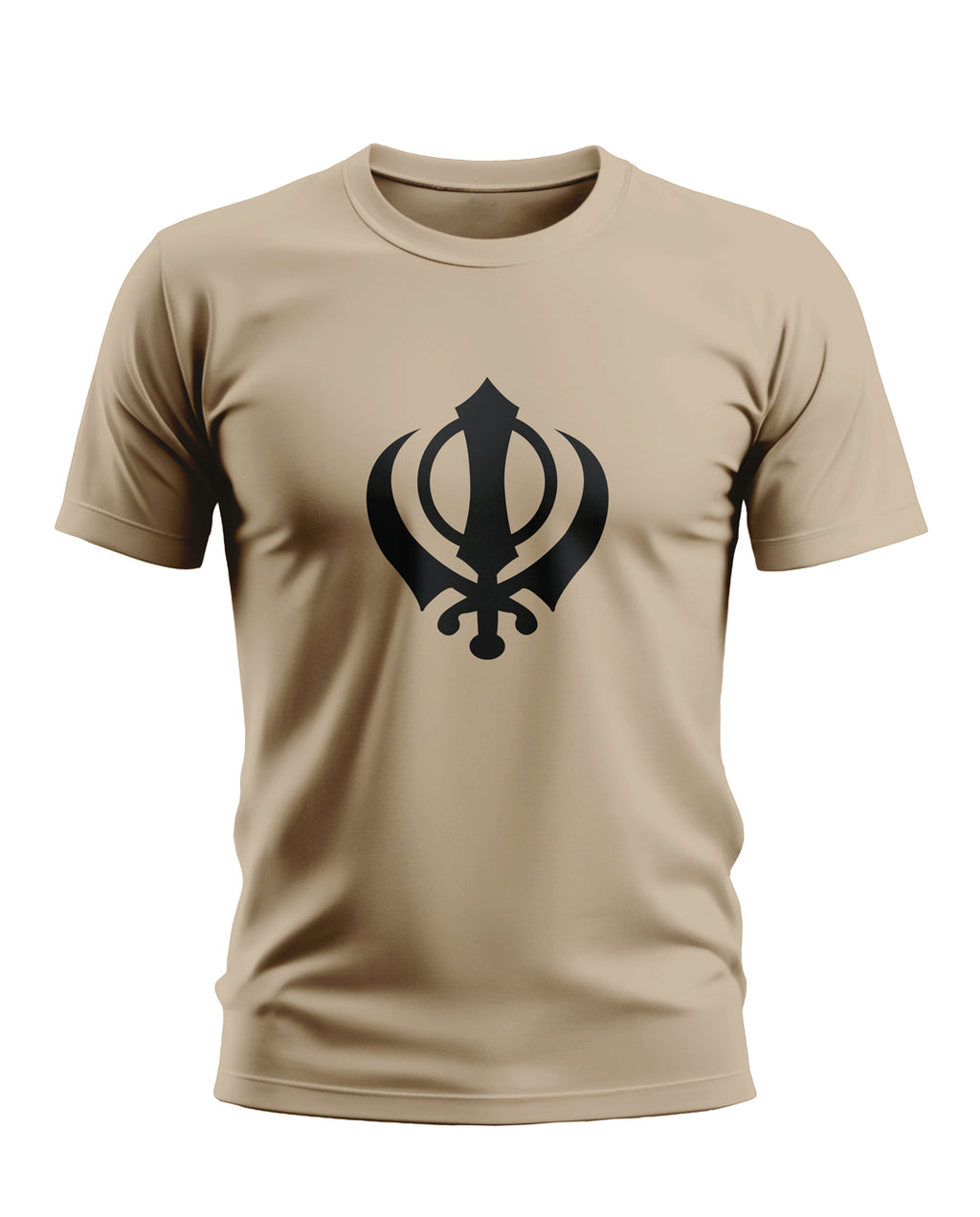 Beige men's t-shirt with bold black Khanda symbol, army-inspired casual fashion