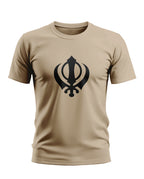 Beige men's t-shirt with bold black Khanda symbol, army-inspired casual fashion