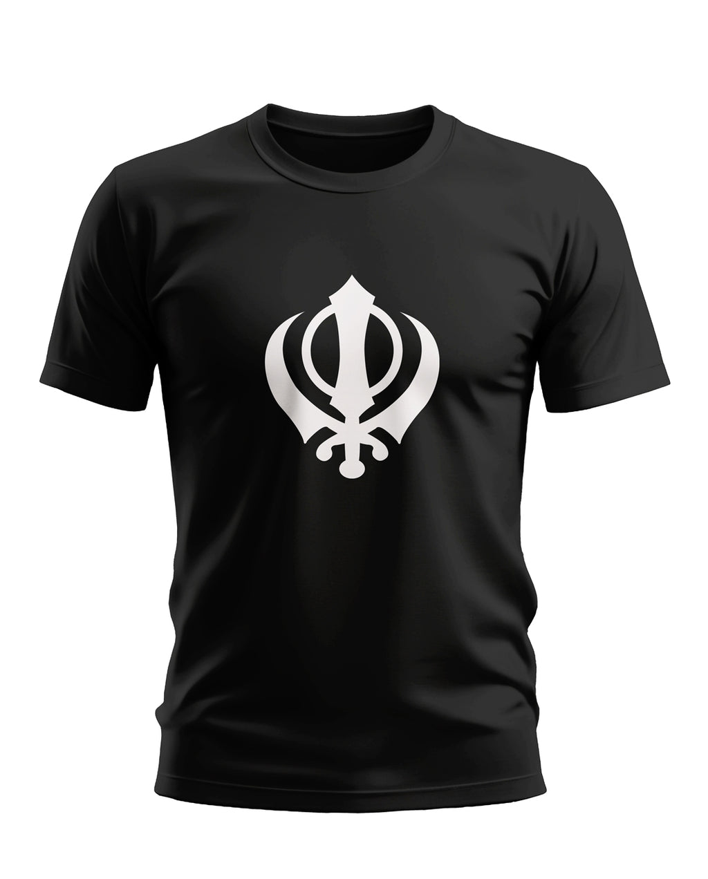 Black men's t-shirt with large white Khanda Sikh symbol on front, casual fit fashion