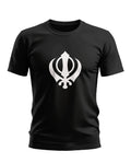 Black men's t-shirt with large white Khanda Sikh symbol on front, casual fit fashion