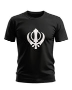 Black men's t-shirt with large white Khanda Sikh symbol on front, casual fit fashion