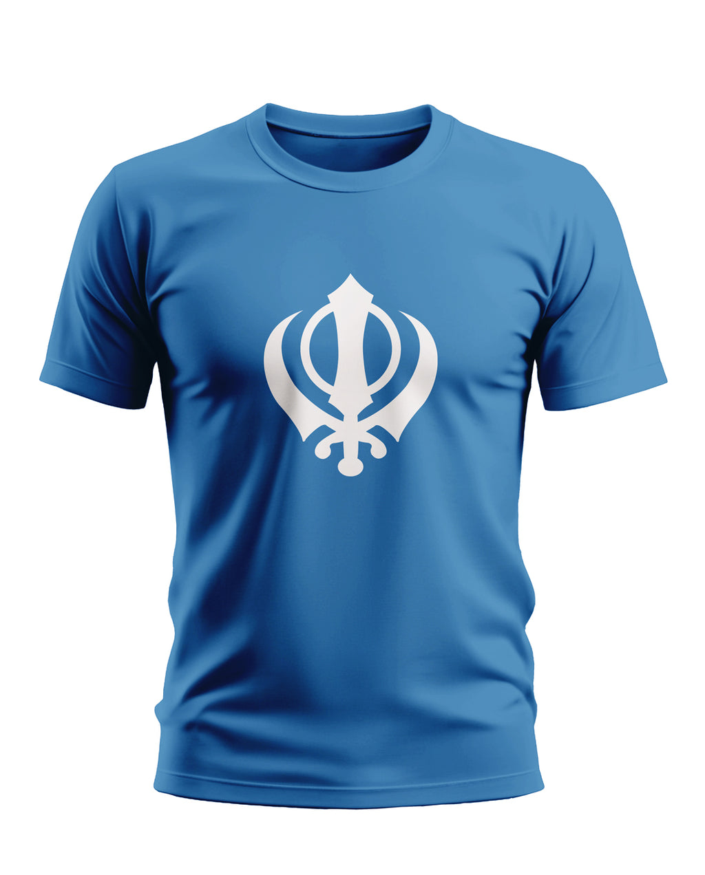 Blue men's t-shirt with white Khanda symbol graphic on front, short sleeves, round neck