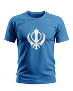 Blue men's t-shirt with white Khanda symbol graphic on front, short sleeves, round neck