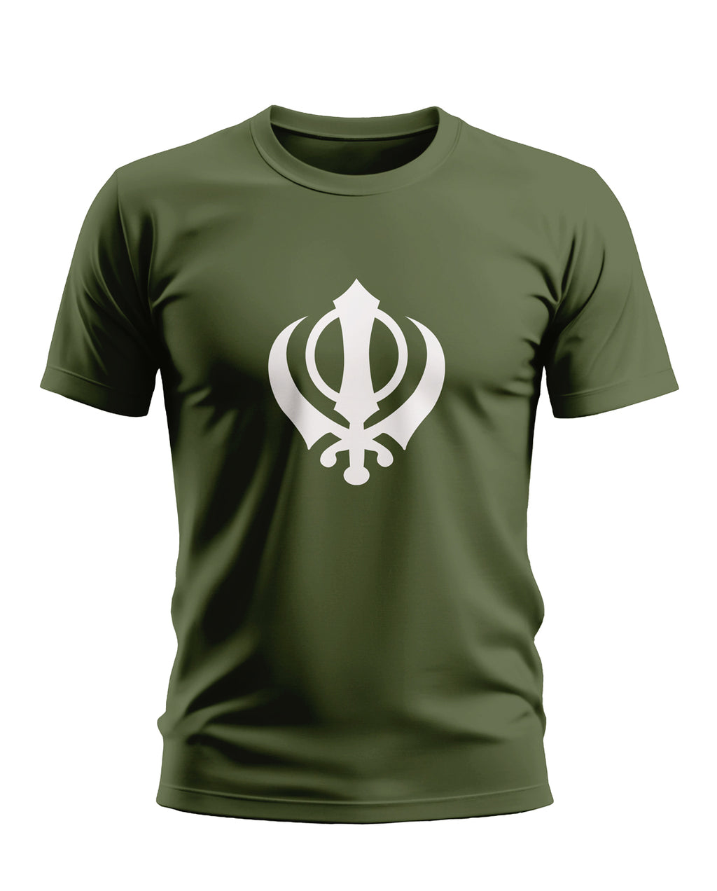 Olive green men's t-shirt with white Khanda symbol, short sleeves, front design