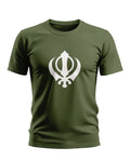 Olive green men's t-shirt with white Khanda symbol, short sleeves, front design