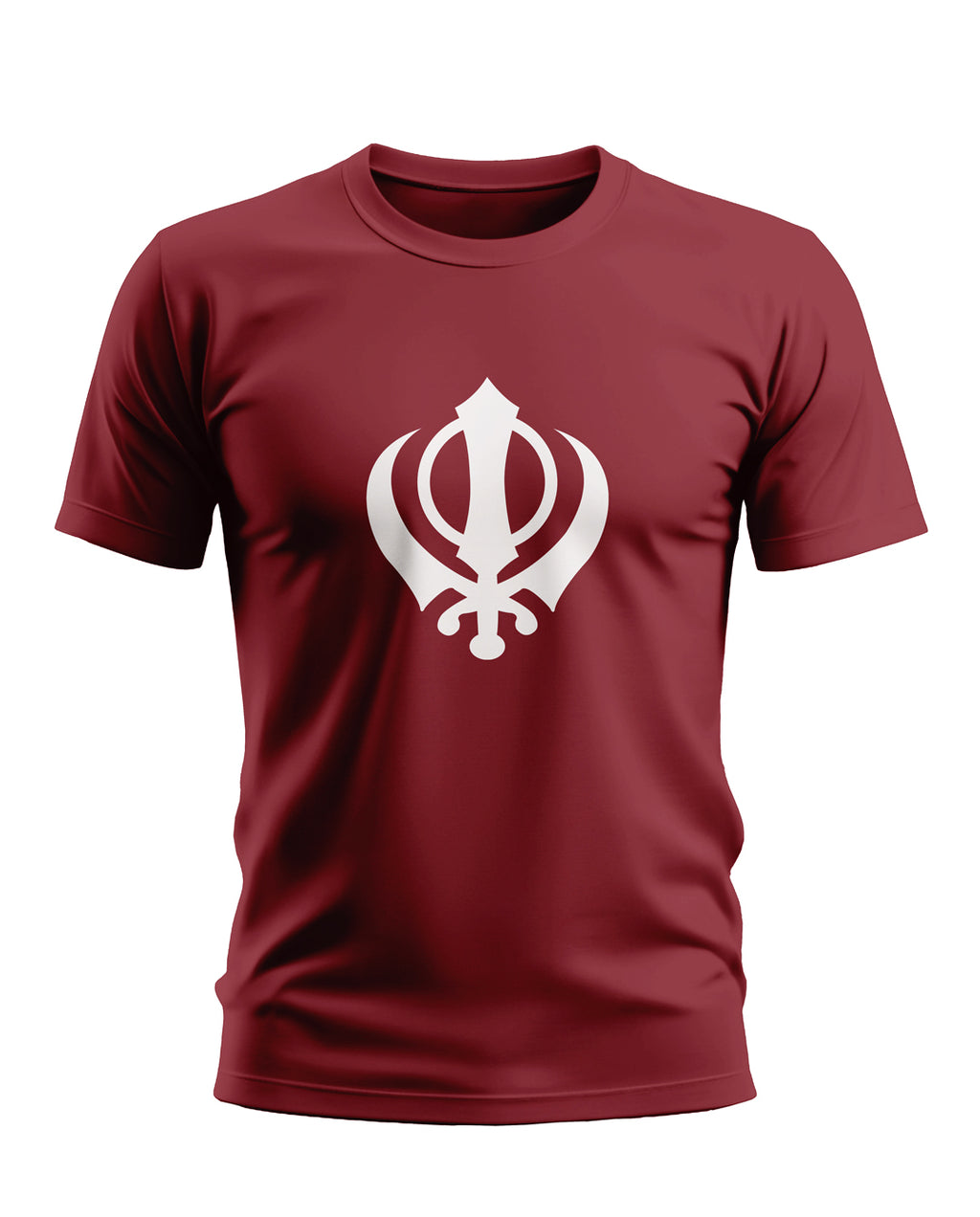 Maroon men's t-shirt with white Khanda Sikh symbol, short sleeves, crew neck