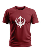 Maroon men's t-shirt with white Khanda Sikh symbol, short sleeves, crew neck