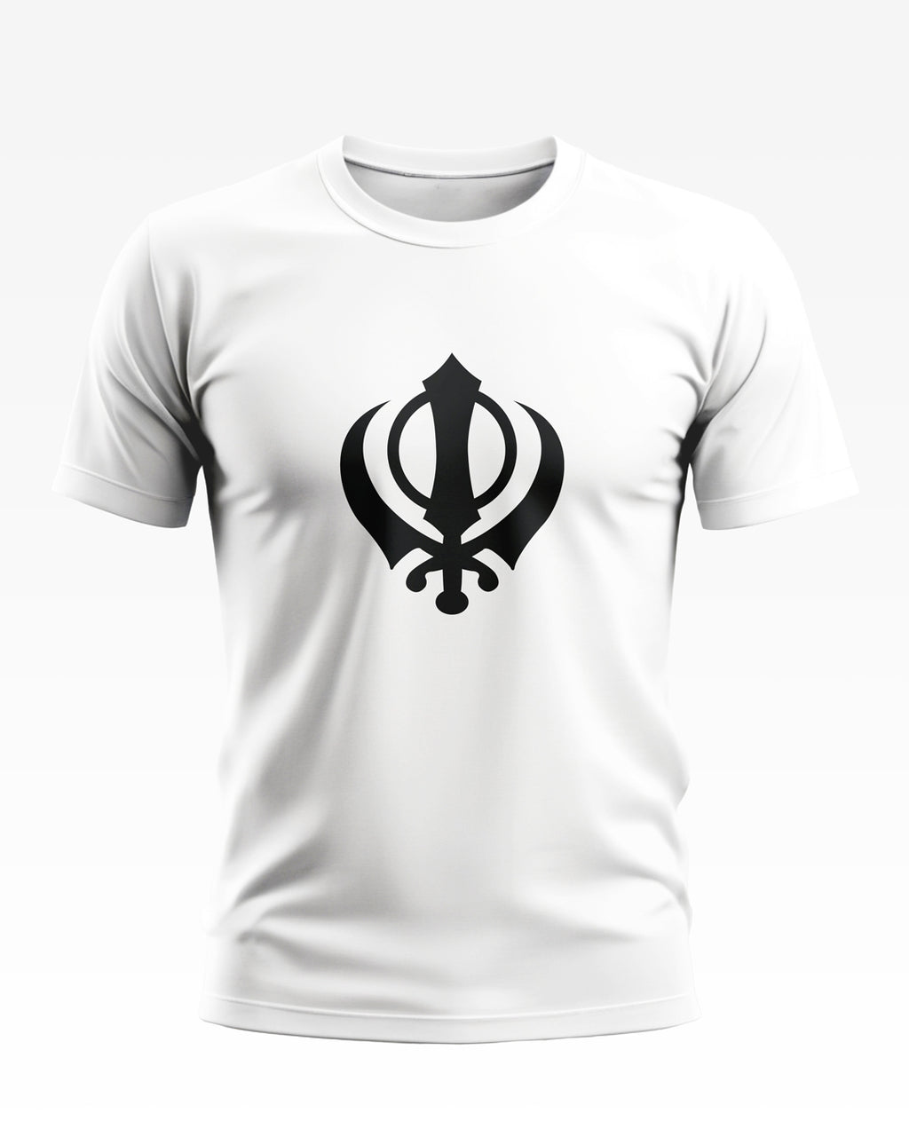 White men's t-shirt with bold black Khanda Sikh symbol graphic on chest