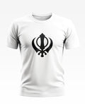 White men's t-shirt with bold black Khanda Sikh symbol graphic on chest