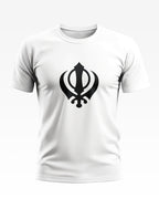 White men's t-shirt with bold black Khanda Sikh symbol graphic on chest