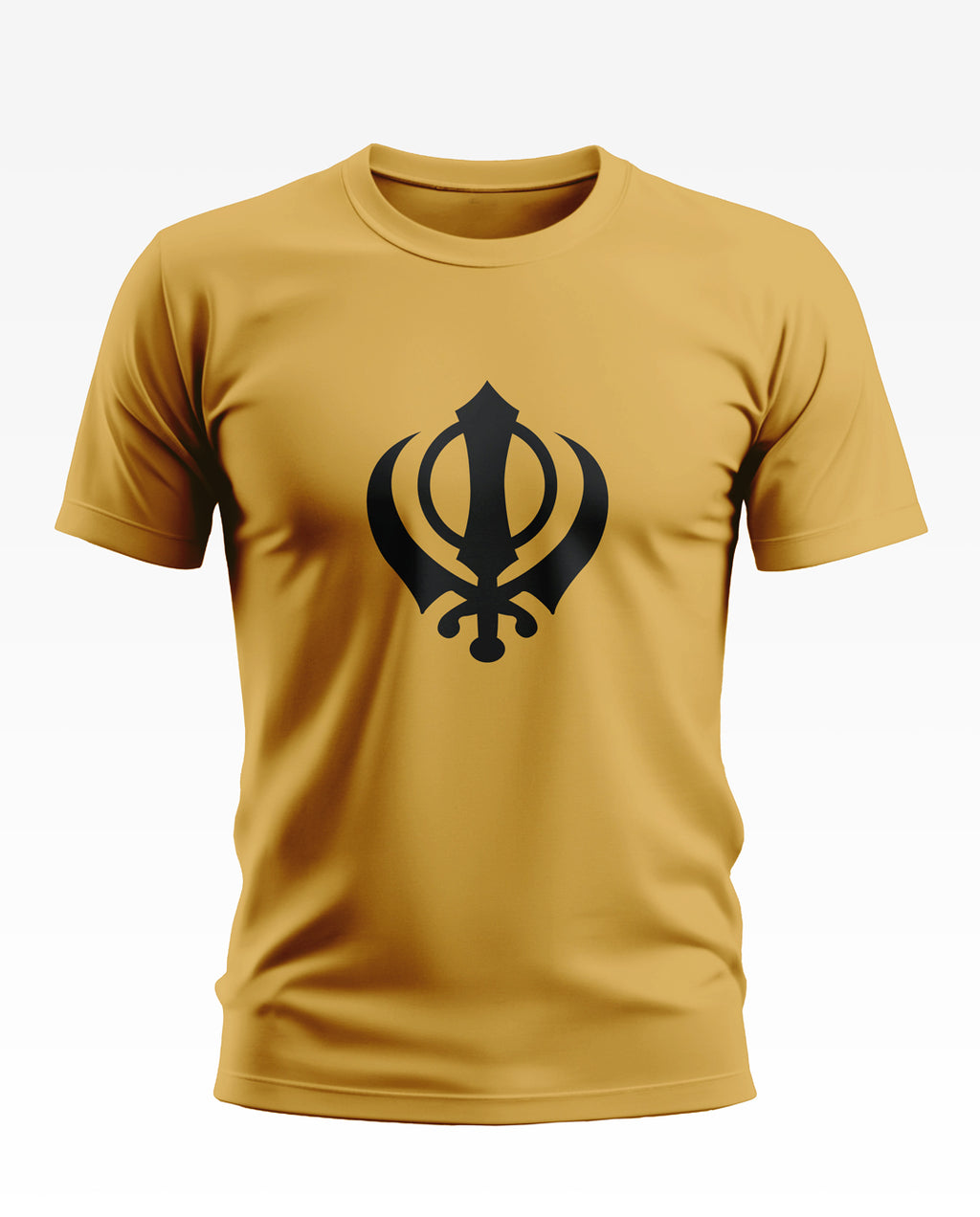 Yellow men's t-shirt with bold black Khanda symbol on chest, short sleeves, crew neck