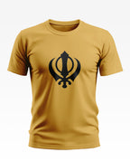 Yellow men's t-shirt with bold black Khanda symbol on chest, short sleeves, crew neck