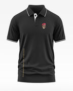 Black men's polo t-shirt with skull and beret graphic, army-inspired design, short sleeves