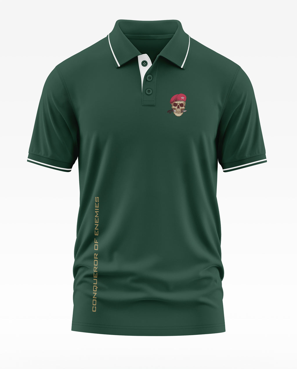 Green men's polo t-shirt with skull in beret patch and 'Conqueror of Enemies' text on side