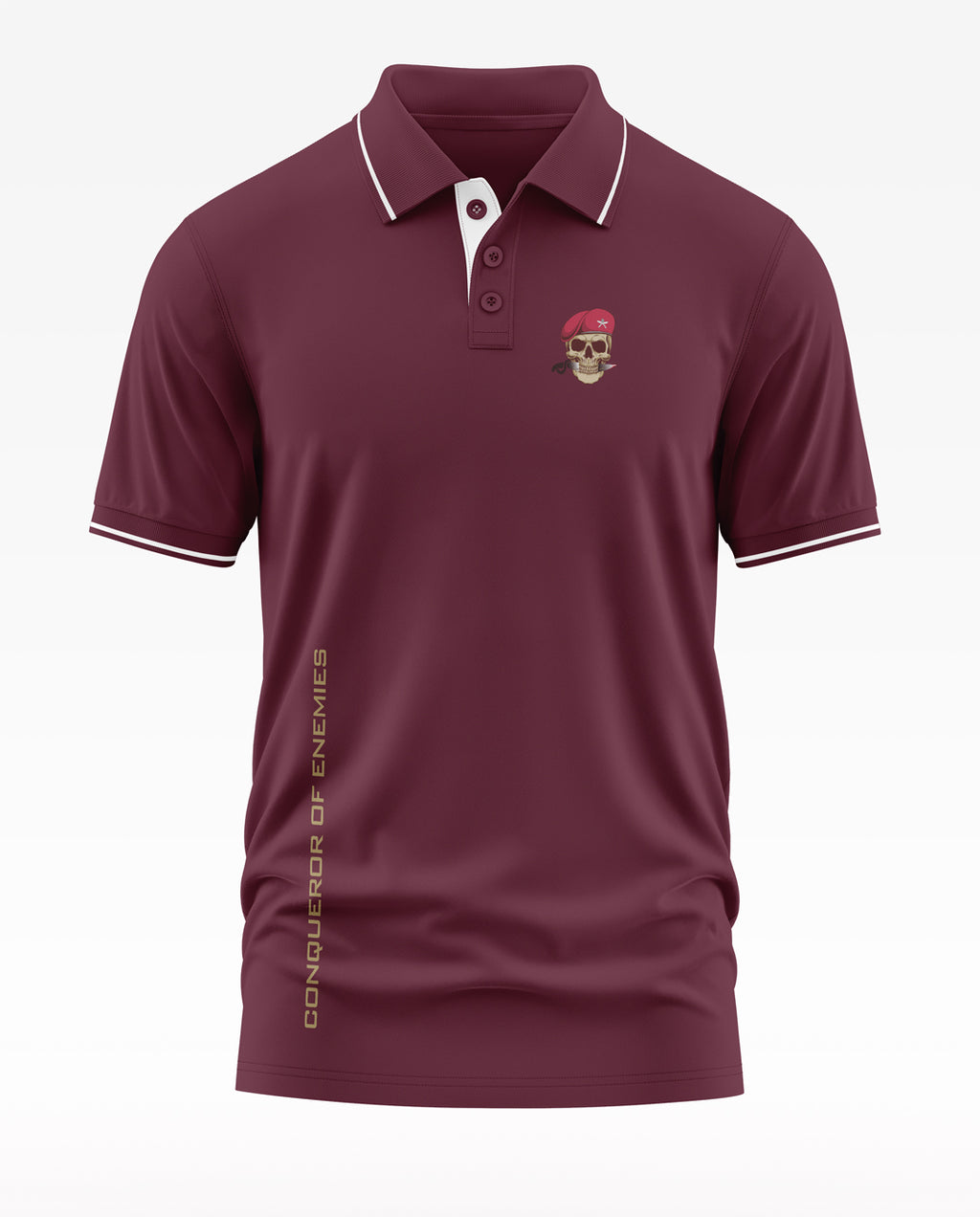 Maroon men's polo t-shirt with skull in beret graphic and 'Conqueror of Enemies' text