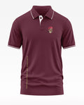 Maroon men's polo t-shirt with skull in beret graphic and 'Conqueror of Enemies' text