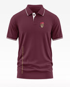 Maroon men's polo t-shirt with skull in beret graphic and 'Conqueror of Enemies' text