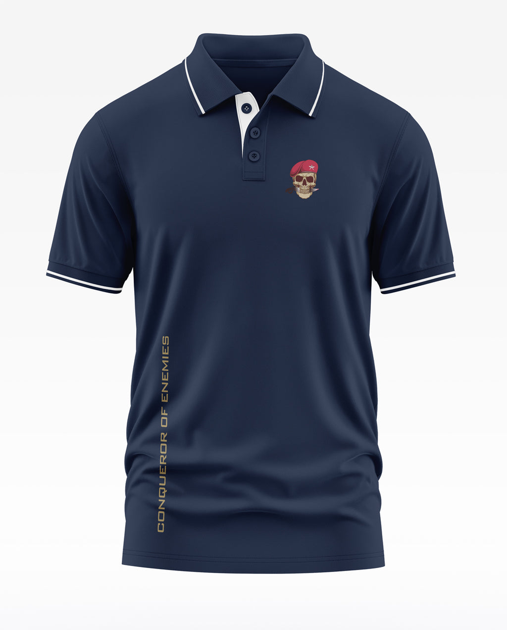 Navy blue men's polo t-shirt with skull and beret patch, military theme, text on side