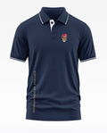 Navy blue men's polo t-shirt with skull and beret patch, military theme, text on side