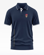 Navy blue men's polo t-shirt with skull and beret patch, military theme, text on side