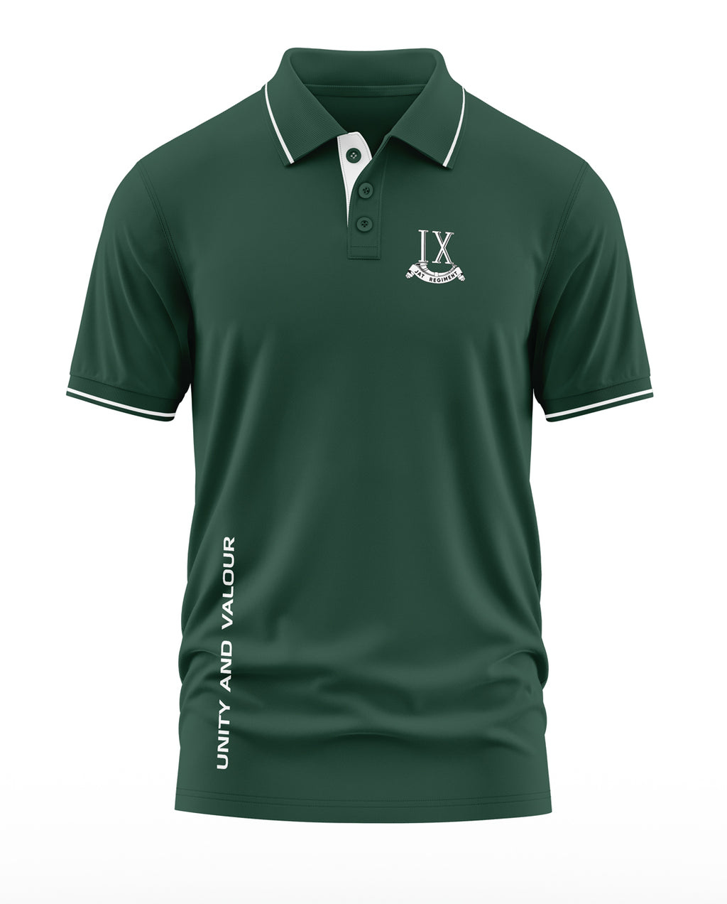 Army green men's polo t-shirt with white trim, IX Regiment logo, and 'Unity and Valour' text.