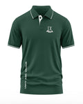 Army green men's polo t-shirt with white trim, IX Regiment logo, and 'Unity and Valour' text.