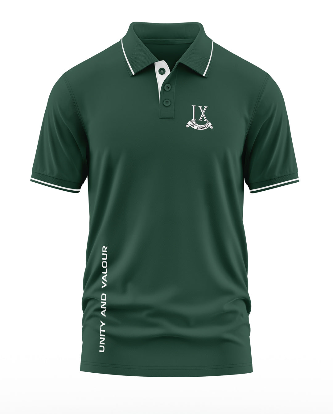 Army green men's polo t-shirt with white trim, IX Regiment logo, and 'Unity and Valour' text.