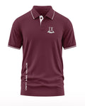 Maroon men's polo t-shirt with white trim, army-inspired design, 'Unity and Valour' text print.