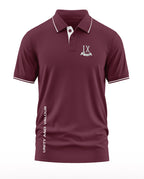 Maroon men's polo t-shirt with white trim, army-inspired design, 'Unity and Valour' text print.