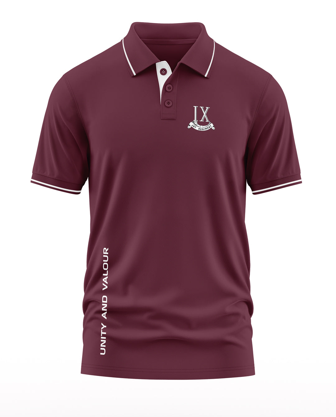 Maroon men's polo t-shirt with white trim, army-inspired design, 'Unity and Valour' text print.