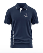 Navy blue men's polo t-shirt with white piping, 'IX' crest, and 'Unity and Valour' text.