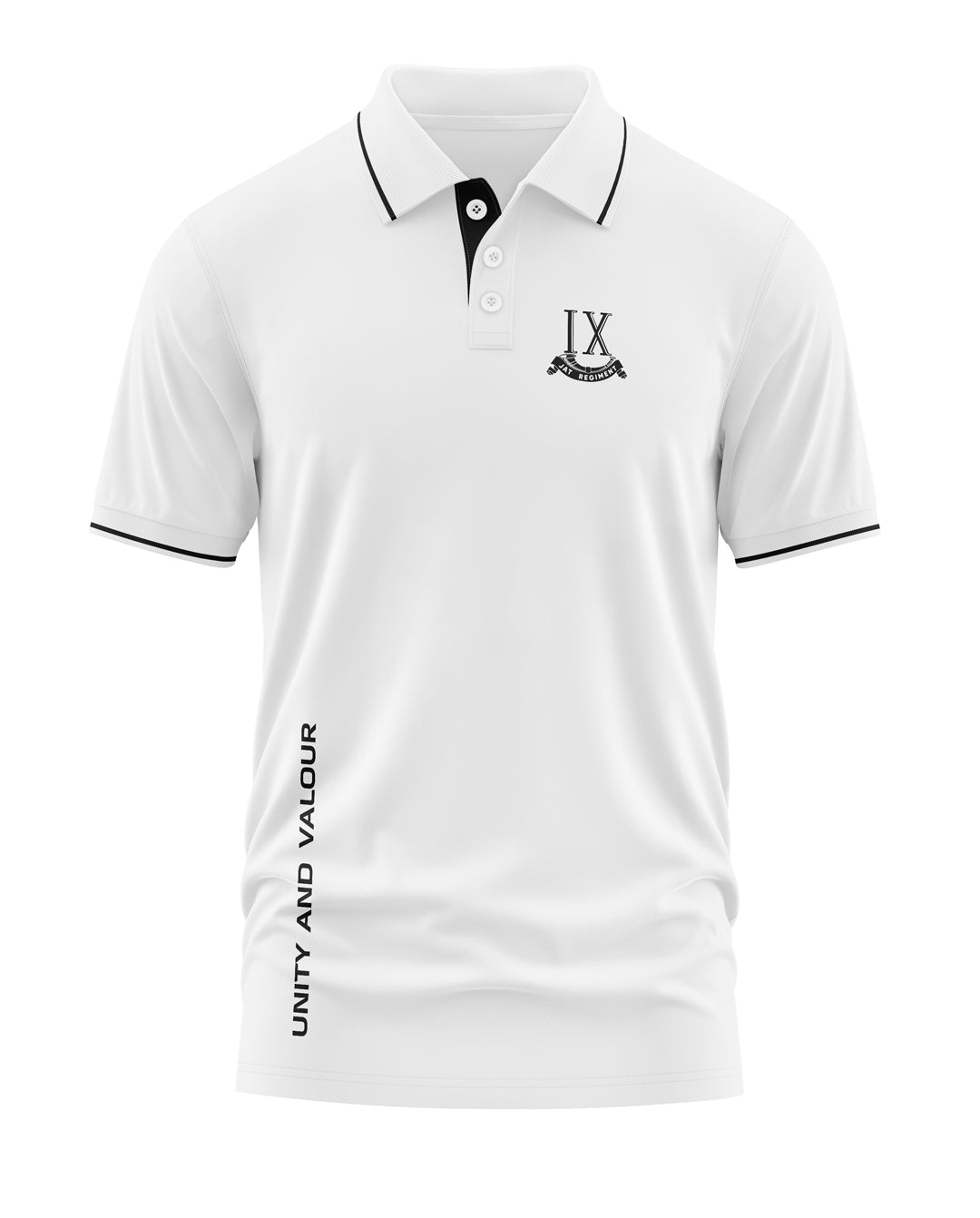 White men's polo t-shirt with black accents, IX Regiment logo, and 'Unity and Valour' text