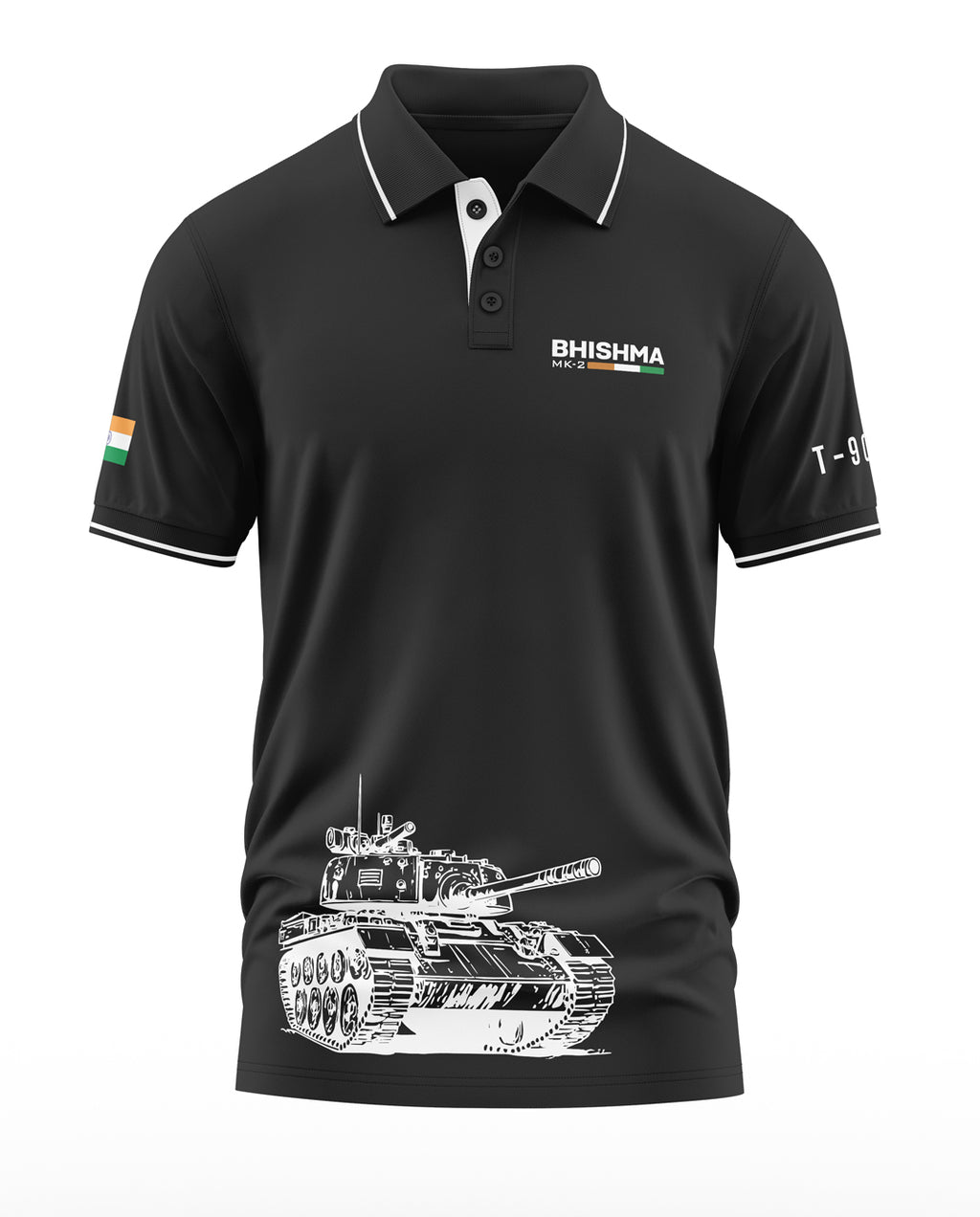 Black men's polo t-shirt with white tank graphic, India flag sleeve patch, BHISHMA MK-2 text, and T-90 label.