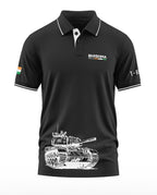 Black men's polo t-shirt with white tank graphic, India flag sleeve patch, BHISHMA MK-2 text, and T-90 label.