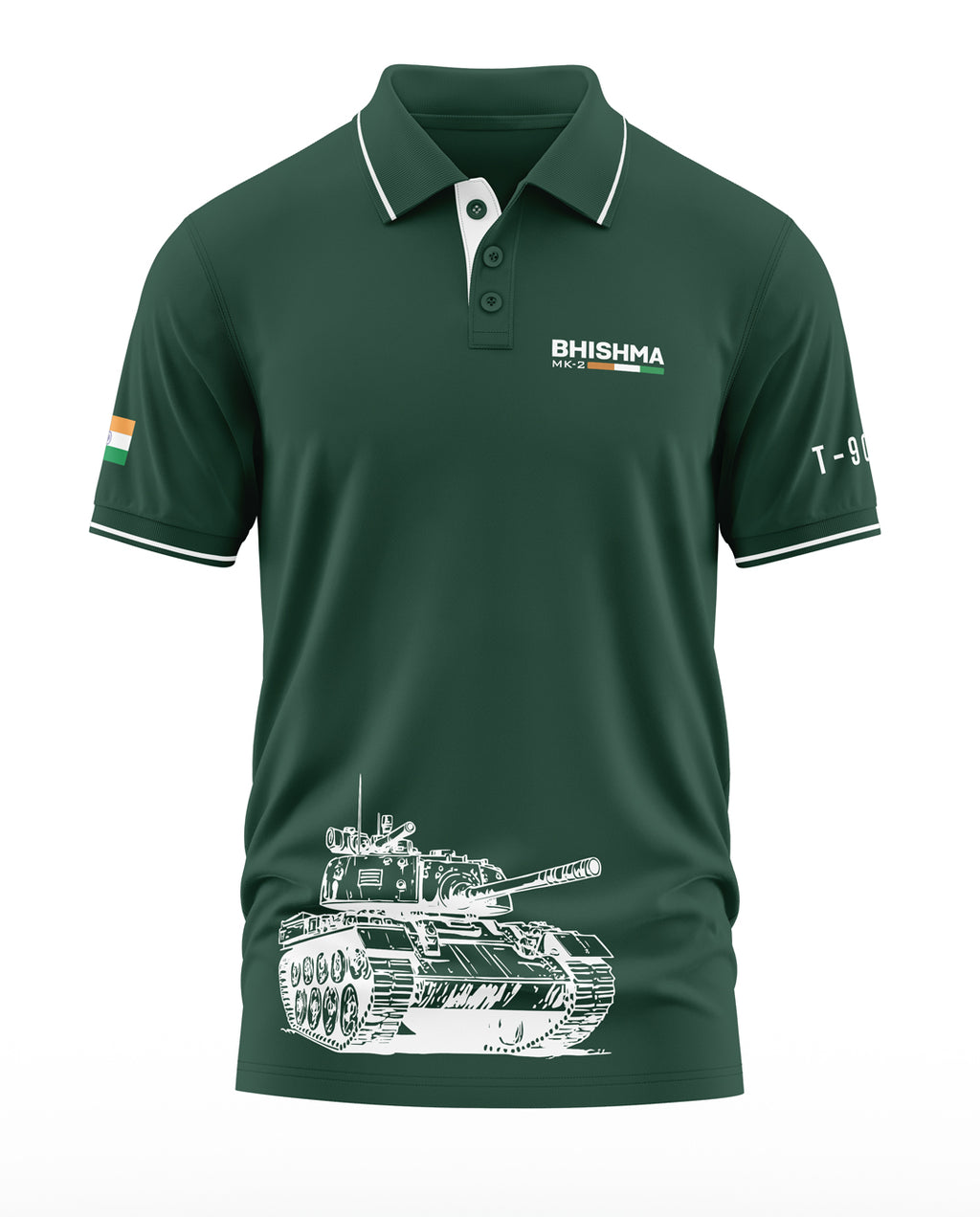 Green polo t-shirt with BHISHMA MK-2 logo, Indian flag patch, and white tank graphic print