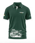 Green polo t-shirt with BHISHMA MK-2 logo, Indian flag patch, and white tank graphic print