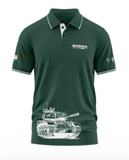 Green polo t-shirt with BHISHMA MK-2 logo, Indian flag patch, and white tank graphic print