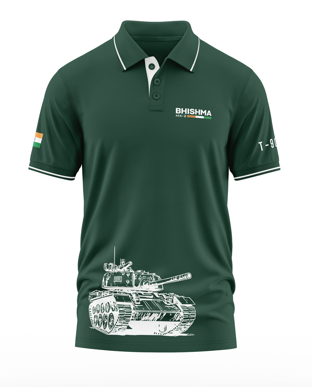 Green polo t-shirt with BHISHMA MK-2 logo, Indian flag patch, and white tank graphic print