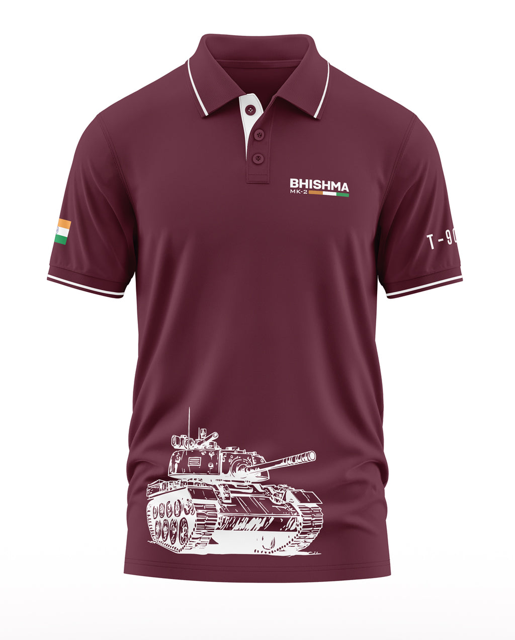 Maroon men's polo t-shirt with white T-90 tank graphic, Indian flag patch on sleeve, and military-themed chest text.