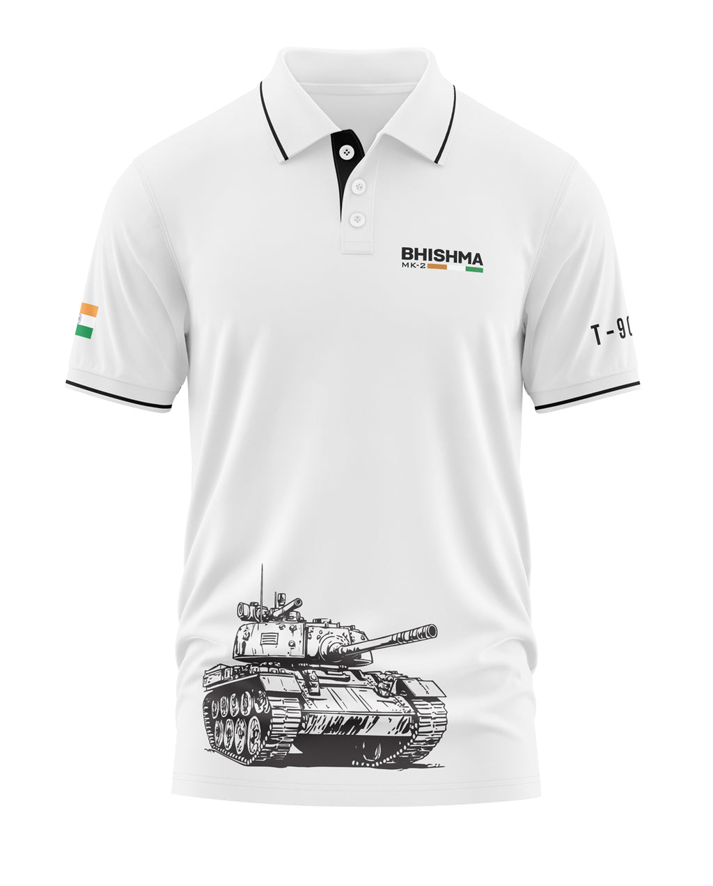 White men's polo shirt with black trim, featuring a T-90 tank graphic and Bhishma MK-2 text