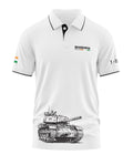 White men's polo shirt with black trim, featuring a T-90 tank graphic and Bhishma MK-2 text