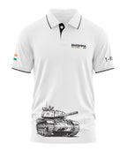 White men's polo shirt with black trim, featuring a T-90 tank graphic and Bhishma MK-2 text