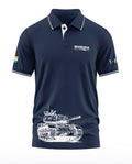 Navy blue men's polo t-shirt with Bhishma MK-2 logo, tank graphic, and India flag sleeve patch