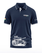 Navy blue men's polo t-shirt with Bhishma MK-2 logo, tank graphic, and India flag sleeve patch