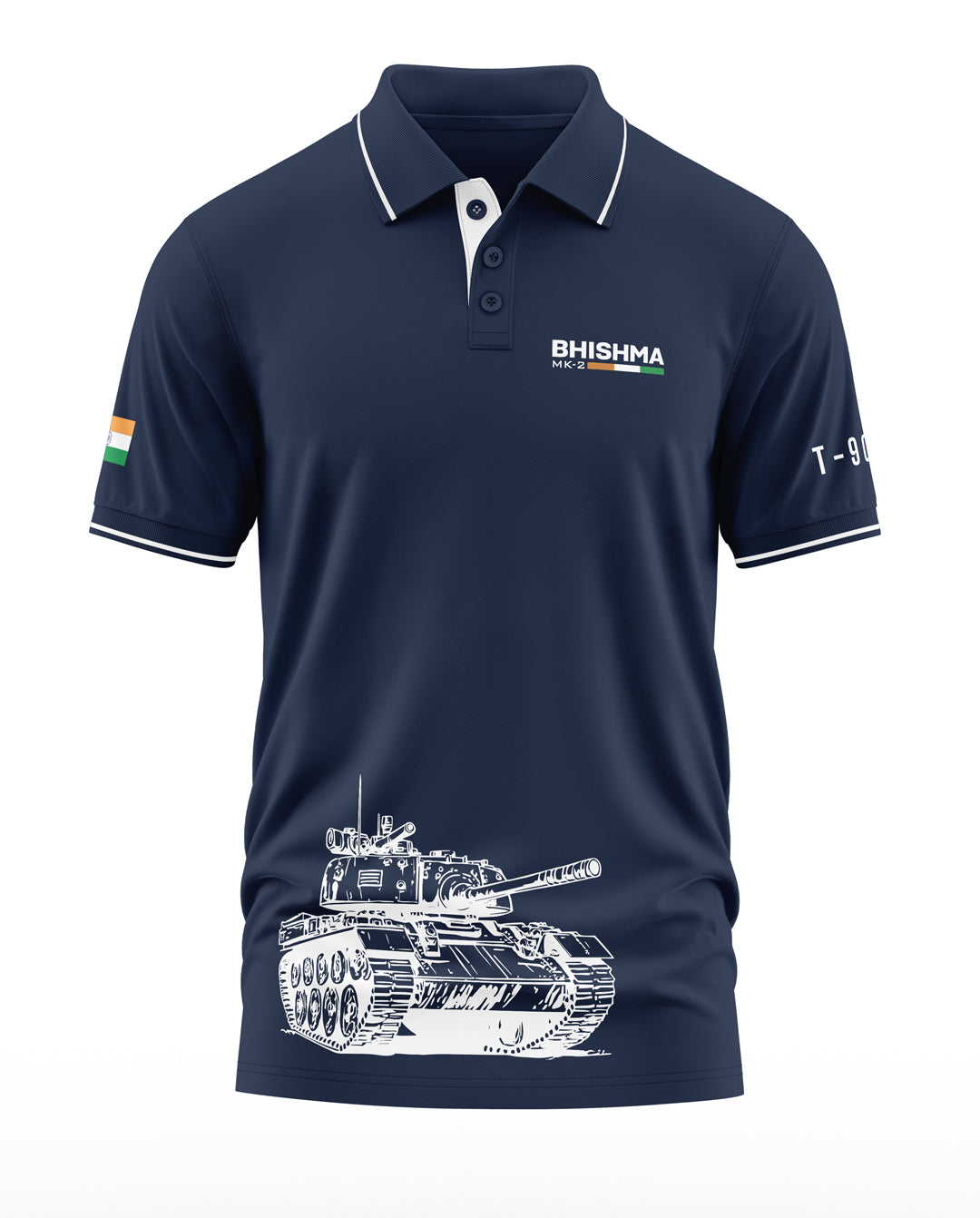 Navy blue men's polo t-shirt with Bhishma MK-2 logo, tank graphic, and India flag sleeve patch