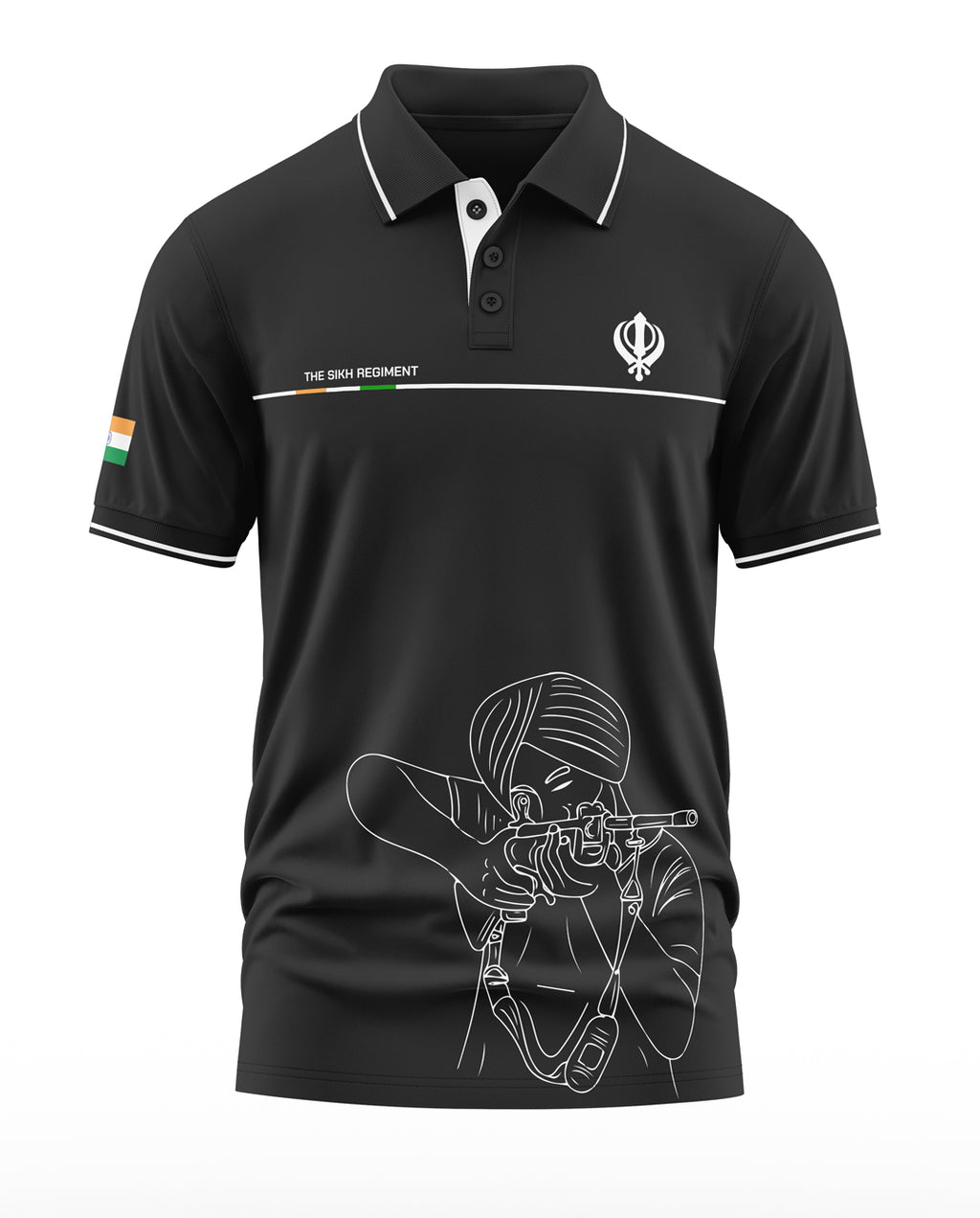 Black men's polo t-shirt with white Sikh Regiment text, Indian flag patch, and soldier graphic
