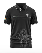 Black men's polo t-shirt with white Sikh Regiment text, Indian flag patch, and soldier graphic