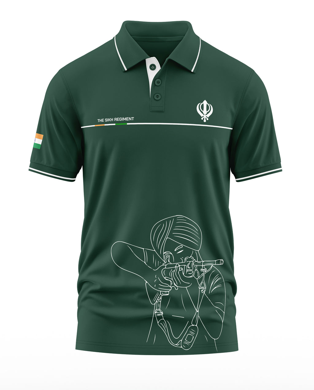 Green polo t-shirt featuring 'The Sikh Regiment', Indian flag patch, and line art of a Sikh soldier aiming rifle.
