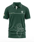 Green polo t-shirt featuring 'The Sikh Regiment', Indian flag patch, and line art of a Sikh soldier aiming rifle.