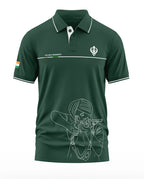 Green polo t-shirt featuring 'The Sikh Regiment', Indian flag patch, and line art of a Sikh soldier aiming rifle.